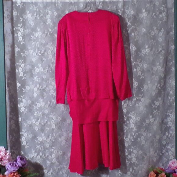 Vintage 80s Dress 1980s Silk Hot Pink Drop Waist Flapper Cocktail Size Large - Picture 2 of 6